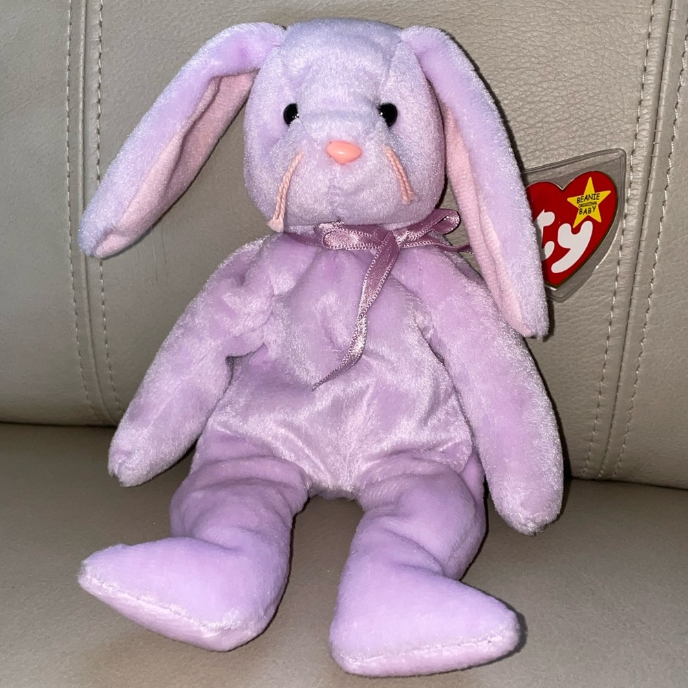 TY Beanie Baby Floppity - Lavender Bunny Plush with Ribbon